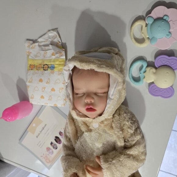 🆕17 Inch Realistic Full Body Soft Vinyl Silicone Girl Doll in Bear Outfit - Picture 5 of 13